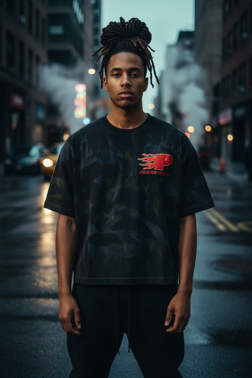 Model wearing Pure Intentions cropped tee front view with flame P chest logo, black pants, urban street setting