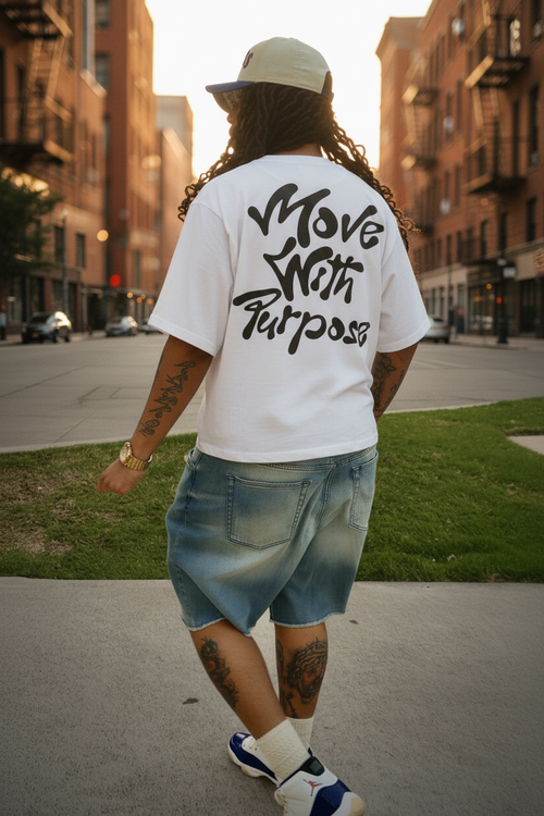 Move With Purpose Tee - white city street editorial