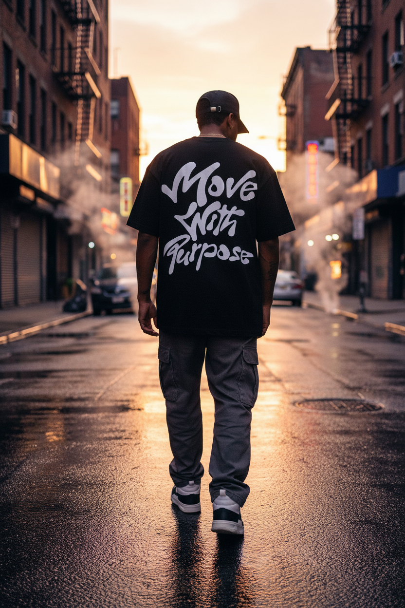 Move With Purpose Tee - black city street editorial